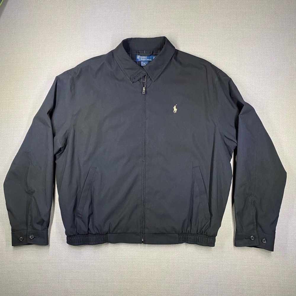Polo Ralph Lauren Mens Black Harrington Jacket Plaid Lined FullZip Windbreaker L